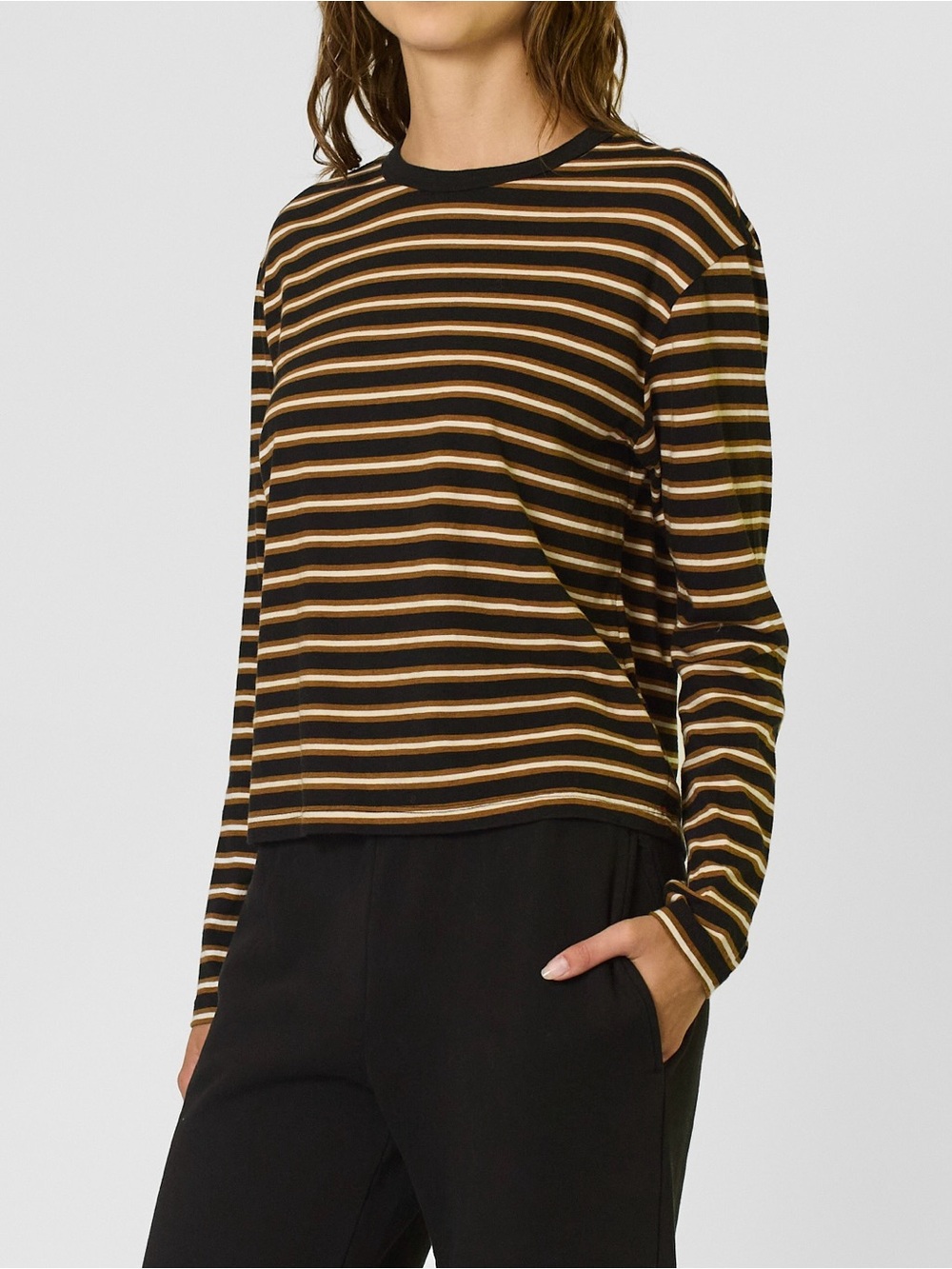 Xirena Terrance Striped Long Sleeve Tee Top XS Licorice Brown Black White Boxy